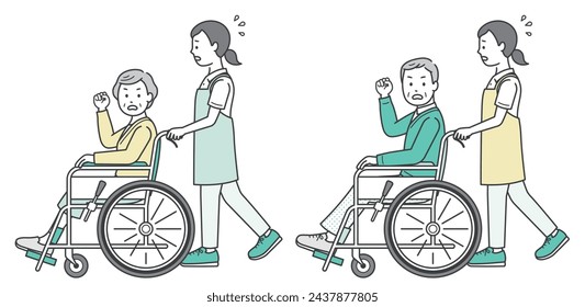 Illustration of an angry elderly person in a wheelchair and a caregiver who provides assistance