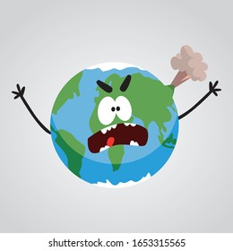 Illustration of an angry erupting earth, Earth angry mascot character illustration