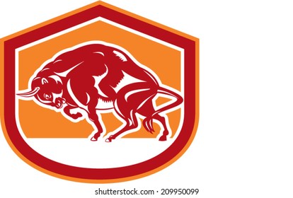 Illustration of an angry European bison bull charging facing to side set inside shield crest shape done in retro woodcut style on isolated background.