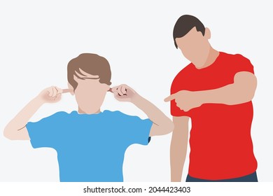 Illustration of angry father shouting at his son while child closing his ears by hands. Family conversation and education for children at home