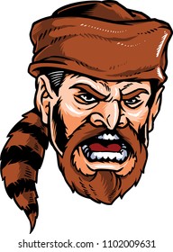 Illustration of an angry frontiersman that wears a coonskin cap. 