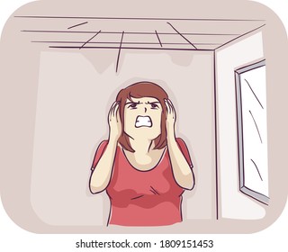 Illustration Of An Angry Girl Covering Her Ears Hearing Loud Running Noises From Tenant Upstairs