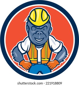 Illustration of an angry gorilla ape construction worker with hard hat and hands on hips set inside circle on isolated background done in cartoon style. 