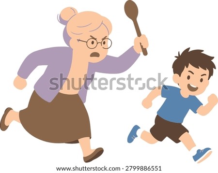 Illustration of an angry grandmother chasing a mischievous child holding a wooden spoon, representing discipline, family dynamics, playful misbehavior, and childhood antics. Suitable for parenting, family life, education, and behavioral concepts.