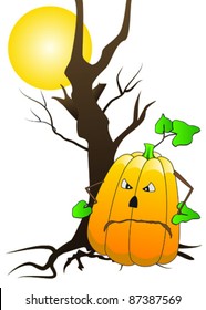 Illustration of an angry Jack o’lantern with burnt dry tree and a moon vector illustration for Halloween.