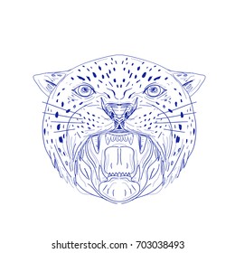 Illustration of an Angry Jaguar, panther, leopard, wildcat, big cat Head showing it's Fangs viewed from front done in hand drawn, sketch Drawing style.