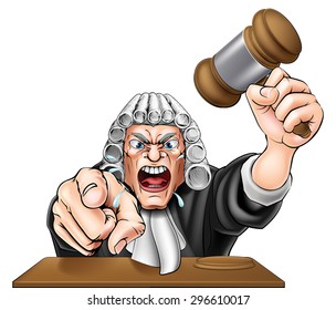 An illustration of an angry judge cartoon character shouting and pointing at the viewer