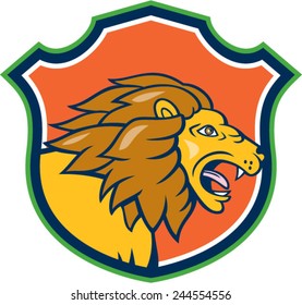 Illustration of an angry lion big cat head roaring viewed from the side set inside shield crest on isolated background done in cartoon style. 