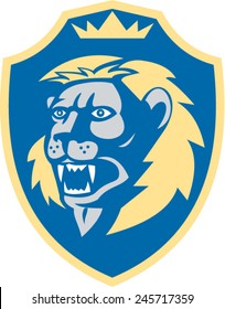 Illustration of an angry lion big cat head roaring facing front set inside shield crest on isolated background done in retro style. 