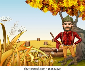 Illustration of an angry lumberjack near the giant old tree
