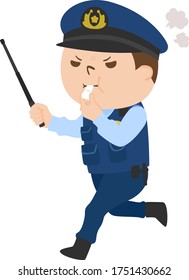 Illustration of an angry male police officer running with baton and whistle.