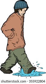 Illustration of angry man in hat stepping in puddle