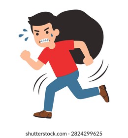 Illustration of an angry man running while carrying a heavy black bag on his back. He is sweating and looks exhausted, symbolizing stress, burden, and the struggle of daily life.