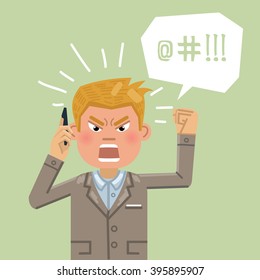 Illustration of an angry man talking on the phone. Businessman shouting on the cellphone. Emoticon, emoji, facial expression. Flat style vector illustration