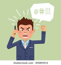 Illustration of an angry man talking on the phone. Businessman shouting when talking on cellphone. Emoticon, emoji, facial expression. Simple style vector illustration