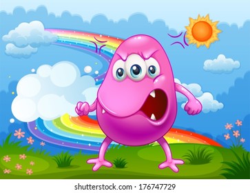 Illustration of an angry monster with a rainbow in the sky