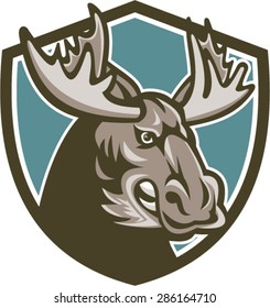 Illustration of an angry moose head set inside shield done in retro style on isolated background.