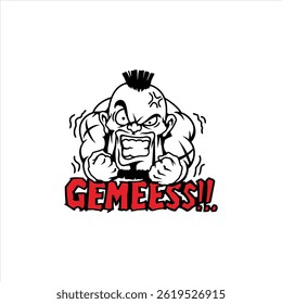 Illustration of an angry muscular man with the word cute written on it. This can be used as a design