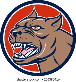 Illustration of an angry pitbull dog mongrel head facing side set inside circle on isolated background done in cartoon style. 