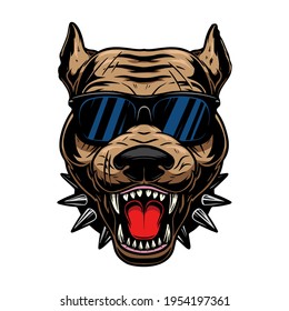 Illustration of angry pitbull head in sunglasses. Design element for logo, label, sign, emblem, poster. Vector illustration svg
