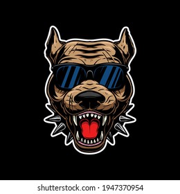Illustration of angry  pitbull terrier head in sunglasses. Design element for logo, label, sign, emblem, poster. Vector illustration