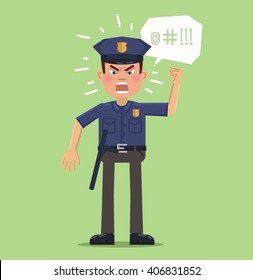 Illustration of an angry policeman. Police officer in rage, shouting isolated on abstract background. Emotional face, emoji, emoticon. Flat style vector illustration