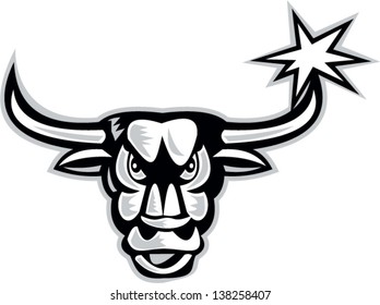 Illustration of an angry raging bull head facing front with star on isolated white background done in retro style.