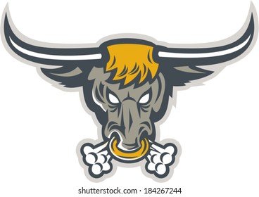 Illustration of an angry raging taxes longhorn bull head facing front set on isolated background done in retro style.