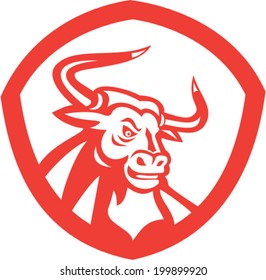 Illustration of an angry raging texas longhorn bull head facing side set inside shield crest on isolated white background done in retro style.