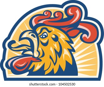 Illustration of an angry rooster cockerel cock chicken head viewed from side done in retro style.