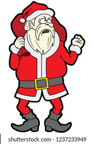 Illustration angry Santa Claus with a gift bag waving his fist
