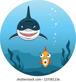 Illustration of angry shark hunting for small scared fish trying to escape