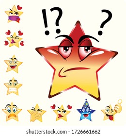 Illustration of Angry Star Emoji. Red Yellow combine color. Stock Vector Icon. Light Background.