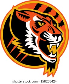Illustration of an angry tiger head viewed from side set inside oval done in retro style.