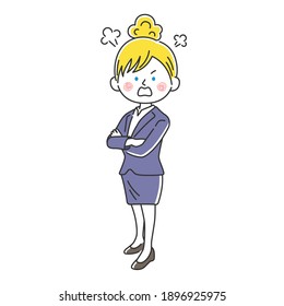 Illustration of an angry white business woman with her arms folded.