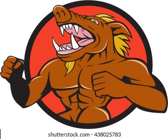 Illustration of an angry wild boar with a man's body roaring pumping chest looking to the side set inside circle done in cartoon style. 