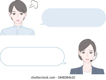 Illustration of an angry woman and a call center woman apologizing