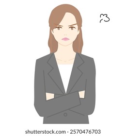 Illustration of an angry young woman in a suit, upper body.