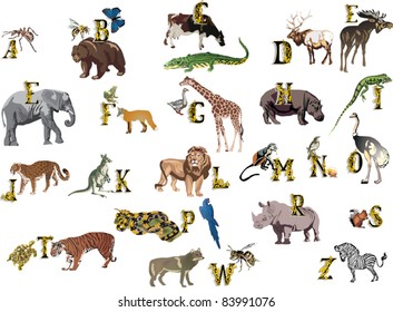 illustration with animal alphabet isolated on white background