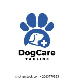 illustration of an animal footprint with a dog and cross symbol inside. dog care logo template.