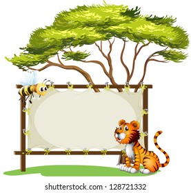 Illustration of an animal and an insect beside the empty signage on a white background