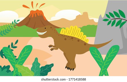 Illustration of animal life and prehistoric nature of volcanoes, lava, rock cliffs, rivers, badlands