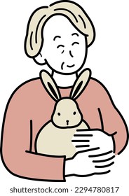 Illustration of animal therapy, Elderly woman holding a rabbit.