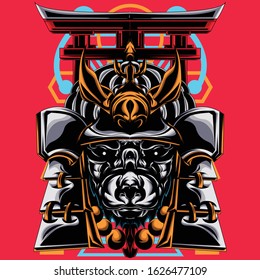 
illustration of animal wearing samuarai hat and Japanese theme with a sacred geometry background