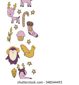 Illustration with animals and additional elements. Penguin, reindeer, star, sock, tree branch with leaves, headphones.