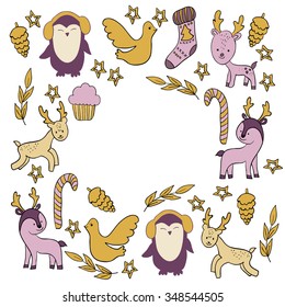 Illustration with animals and additional elements. Penguin, reindeer, star, sock, tree branch with leaves, headphones.