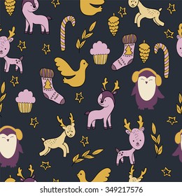 Illustration with animals and additional elements. Penguin, reindeer, star, sock, tree branch with leaves, headphones.
