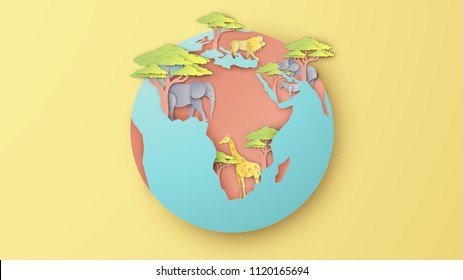 Illustration of animals in Africa around the world. Concept design world with animals of Africa. paper cut and craft style. vector, illustration.