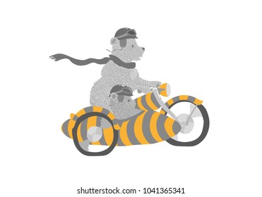 Illustration of animals. illustration illustration. The Bears. Father and son are running on a motorcycle. T-shirt. Cute cartoon characters. Without background.

