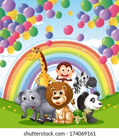 Illustration of the animals below the  floating balloons and rainbow